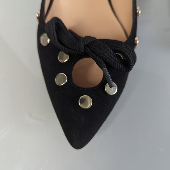 Anthropologie Hoss Intropia Black Pointed Toe Heels Gold Studs Cut Out Bows 37 - Picture 8 of 10